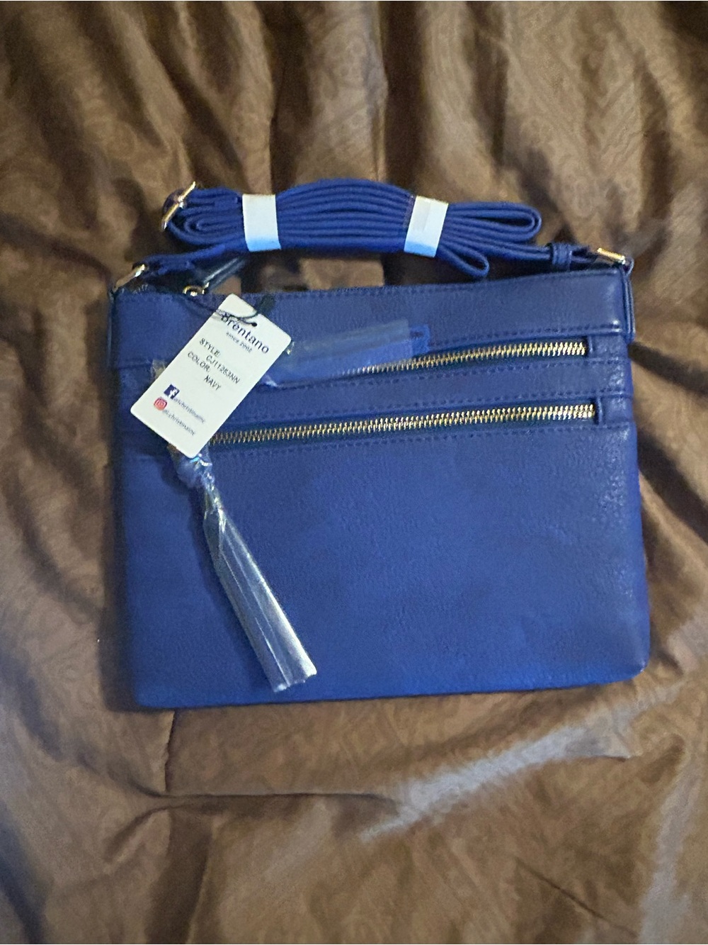 Brentano Navy Blue Crossbody Bag with Gold Zippers